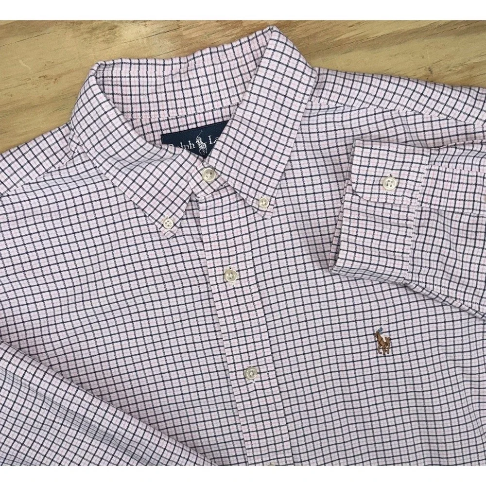 Polo Ralph Lauren White Pink Navy Plaid Check Button Down Mens Large Classic Fit